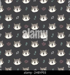 Cute wolf Seamless pattern. Cartoon Animals in forest background. Vector illustration. Stock Vector