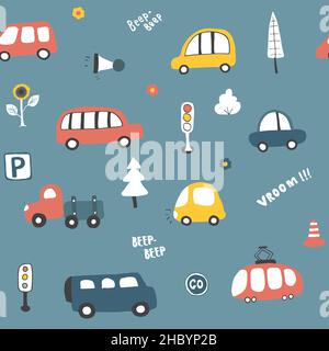 Cute Cars Seamless Pattern, Cartoon transportation Doodles Background, vector Illustration. Stock Vector