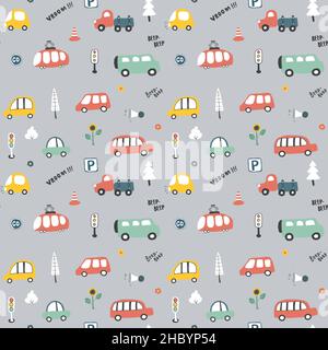 Cute Cars Seamless Pattern, Cartoon transportation Doodles Background, vector Illustration. Stock Vector