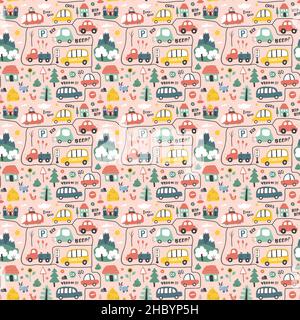 Cute Cars Seamless Pattern, Cartoon transportation Doodles Background, vector Illustration. Stock Vector