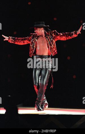 Michael Flatley on stage performing his last ever show 'Feet Of Flames' a unique one off performance of 'Lord Of The Dance' held in Hyde Park, London. 25th July 1998. Stock Photo