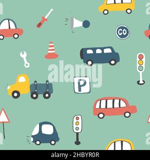 Cute Cars Seamless Pattern, Cartoon transportation Doodles Background, vector Illustration. Stock Vector