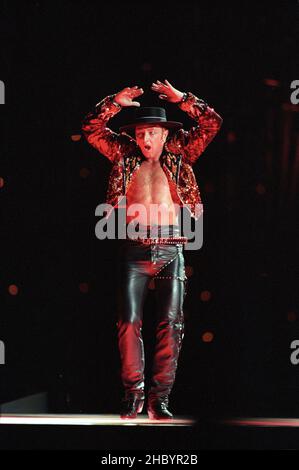 Michael Flatley on stage performing his last ever show 'Feet Of Flames' a unique one off performance of 'Lord Of The Dance' held in Hyde Park, London. 25th July 1998. Stock Photo