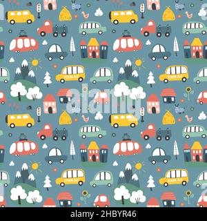 Cute Cars Seamless Pattern, Cartoon transportation Doodles Background, vector Illustration. Stock Vector