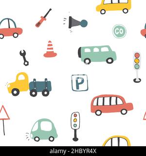 Cute Cars Seamless Pattern, Cartoon transportation Doodles Background, vector Illustration. Stock Vector