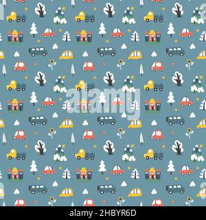 Cute Cars Seamless Pattern, Cartoon transportation Doodles Background, vector Illustration. Stock Vector