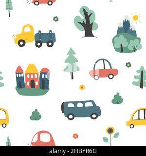 Cute Cars Seamless Pattern, Cartoon transportation Doodles Background, vector Illustration. Stock Vector