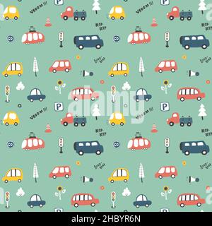 Cute Cars Seamless Pattern, Cartoon transportation Doodles Background, vector Illustration. Stock Vector