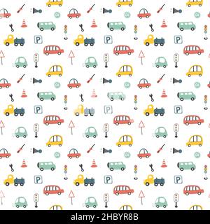 Cute Cars Seamless Pattern, Cartoon transportation Doodles Background, vector Illustration. Stock Vector