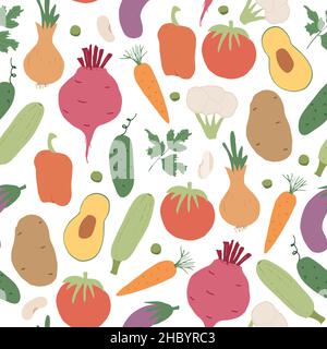 Vegetables seamless pattern. Linear graphic. Vegetables background. Scandinavian style. Healthy food pattern. Vector illustration Stock Vector