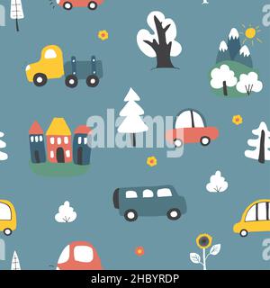 Cute Cars Seamless Pattern, Cartoon transportation Doodles Background, vector Illustration. Stock Vector