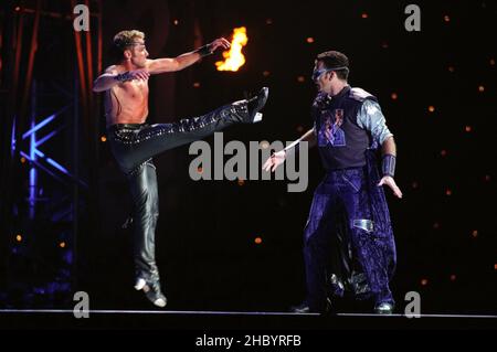 Michael Flatley on stage performing his last ever show 'Feet Of Flames' a unique one off performance of 'Lord Of The Dance' held in Hyde Park, London. 25th July 1998. Stock Photo