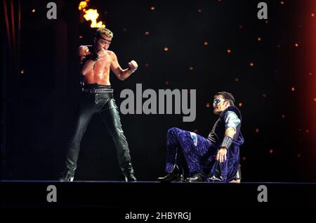 Michael Flatley on stage performing his last ever show 'Feet Of Flames' a unique one off performance of 'Lord Of The Dance' held in Hyde Park, London. 25th July 1998. Stock Photo