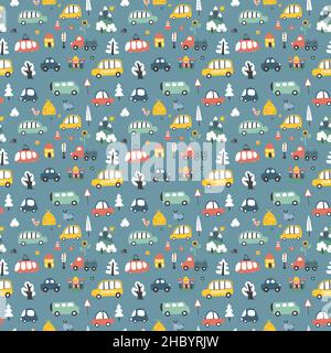 Cute Cars Seamless Pattern, Cartoon transportation Doodles Background, vector Illustration. Stock Vector