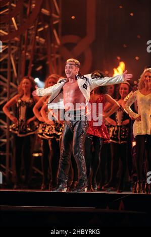 Michael Flatley on stage performing his last ever show 'Feet Of Flames' a unique one off performance of 'Lord Of The Dance' held in Hyde Park, London. 25th July 1998. Stock Photo