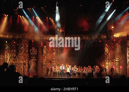 Michael Flatley on stage performing his last ever show 'Feet Of Flames' a unique one off performance of 'Lord Of The Dance' held in Hyde Park, London. 25th July 1998. Stock Photo