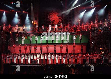 Michael Flatley on stage performing his last ever show 'Feet Of Flames' a unique one off performance of 'Lord Of The Dance' held in Hyde Park, London. 25th July 1998. Stock Photo