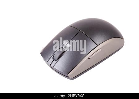 Simple gray wireless computer mouse, plain grey desktop PC mouse, object isolated on white, cut out, closeup, design element. Tech accessories and off Stock Photo