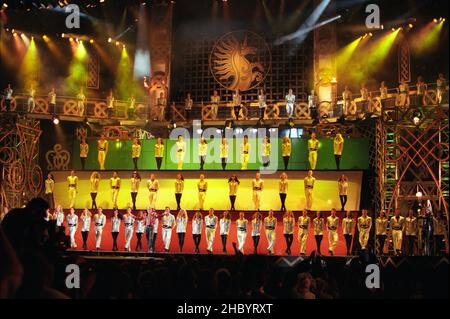 Michael Flatley on stage performing his last ever show 'Feet Of Flames' a unique one off performance of 'Lord Of The Dance' held in Hyde Park, London. 25th July 1998. Stock Photo