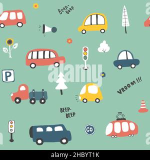 Cute Cars Seamless Pattern, Cartoon transportation Doodles Background, vector Illustration. Stock Vector