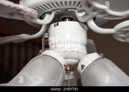 Fan blade on ceiling fan and light fixture in need of cleaning to remove dust and fluff along the edge Stock Photo