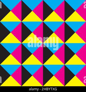 cyan magenta yellow black seamless plaid background triangle game piramid illusion Stock Vector