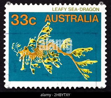 AUSTRALIA - CIRCA 1985: a stamp printed in the Australia shows Leafy Seadragon, Phycodurus Eques, Marine Fish, circa 1985 Stock Photo