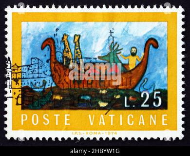 VATICAN - CIRCA 1974: a stamp printed in the Vatican shows Noah's Ark, Design Chosen through Worldwide Youth Competition in Connection with 1972 Inter Stock Photo