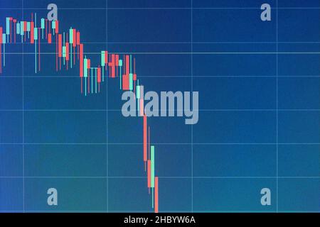 Stock market prices falling, candlestick chart monitor closeup, detail, price going down fast, market crash simple concept. Stocks, cryptocurrency, fo Stock Photo