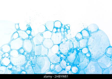 Multiple white blue soap bubbles abstract background texture, artsy backdrop, copy space, full frame, nobody. Simple clean cold light blue soapy wallp Stock Photo