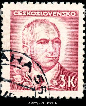 POLTAVA, UKRAINE - Desember 22, 2021. Vintage stamp printed in Czechoslovakia circa 1945 shows President Benesh Stock Photo
