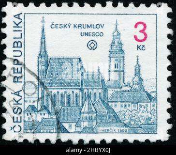POLTAVA, UKRAINE - Desember 22, 2021. Vintage stamp printed in Czechoslovakia circa 1993 shows Czech Krumlov Stock Photo