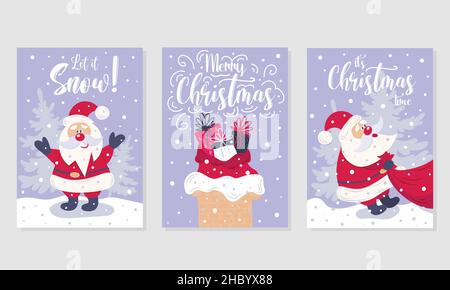 Vector Merry Christmas and Happy New Year greeting cards with cute Santa Claus . Hand drawn vector illustration. Stock Vector