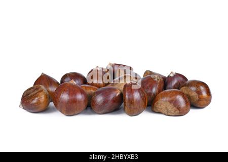 Bunch of raw sweet chestnuts on white background Stock Photo