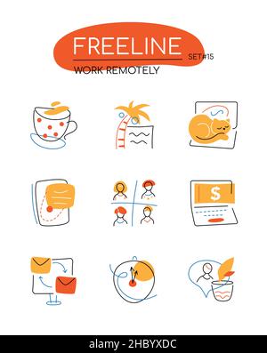 Work remotely - modern line design style icons set in orange color. Home office, freelance, a cup of tea, laptop, webinar, video conferencing, virtual Stock Vector