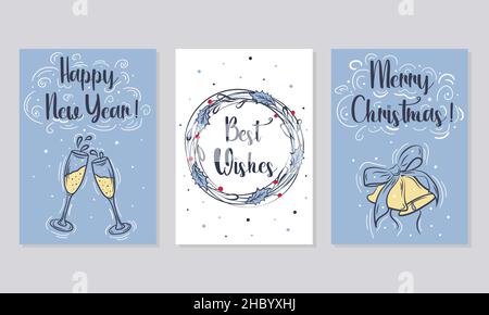 Christmas and New Year greetings cards. Hand drawn vector. Stock Vector