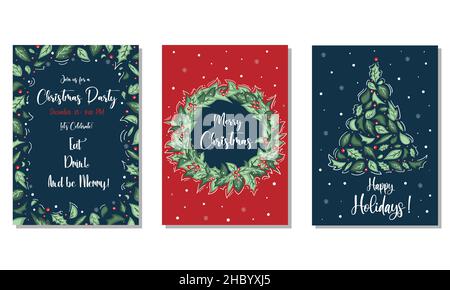 Christmas Party invitation. Merry Christmas and Happy Holidays cards with New Year tree, snowflake, floral frames and backgrounds. Stock Vector