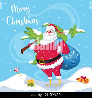 Greeting Card with Santa Claus and Christmas tree. Merry Christmas Stock Vector