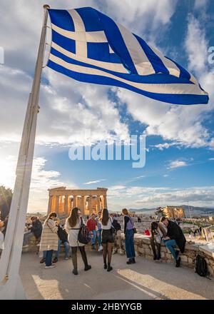 Vertical view of the Parthenon, aka the Acropolis in Athens, Greece. Stock Photo