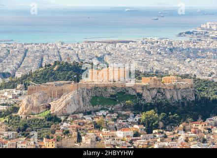 Horizontal aerial view of the Acropolis and city of Athens from the highest peak Lycabettus Hill, Greece. Stock Photo