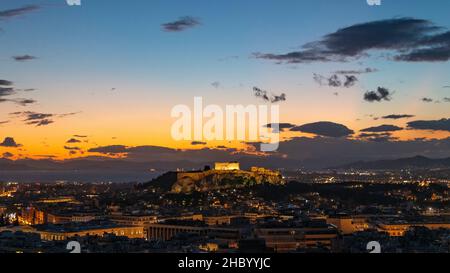 Horizontal aerial view of the Acropolis and the city of Athens at sunset, Greece. Stock Photo