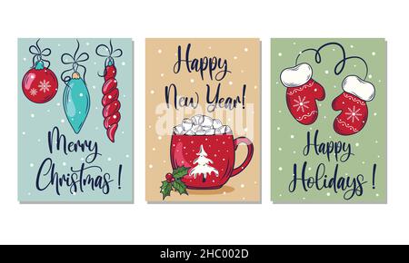 Set of Merry Christmas and Happy New Year greeting cards with handmade  decorative elements. Fashionable vintage style Stock Vector Image & Art -  Alamy