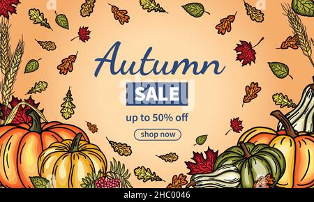 Autumn Sale banner with falling leaves. Autumn design templates for banners, flyers or presentations. Stock Vector