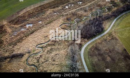 Aerial view of the spiraling river and walking trail