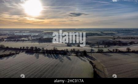 An aerial view of a frosty landscape in rural Suffolk, UK Stock Photo