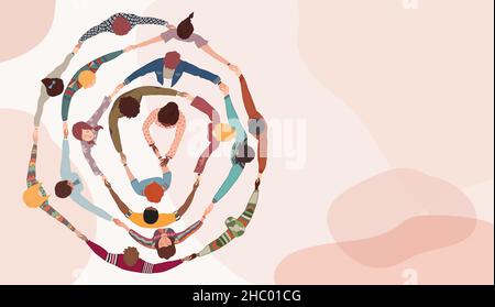 Group of people in circle from diverse culture holding hands.Cooperation and teamwork.Community of friends or volunteers. Top view Stock Vector