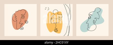 Set of modern portraits with hairstyle on the background of abstract shapes in line art style isolated. Stock Vector