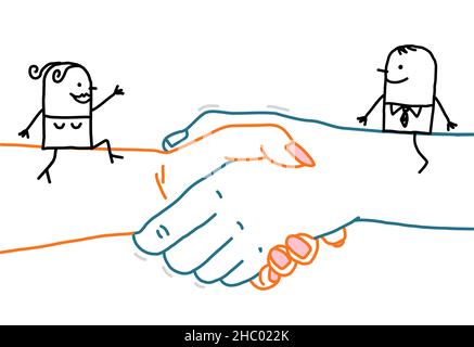 Hand drawn Cartoon Woman and Man Meeting on a big Handshake Stock Vector