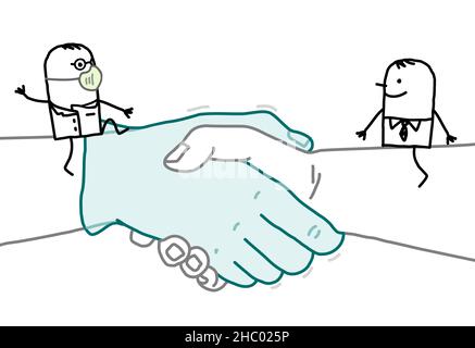 Hand drawn Cartoon Doctor and Businessman meeting on a big Handshake Stock Vector