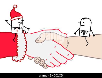 Hand drawn Cartoon Santa and Businessman meeting on a big Handshake Stock Vector